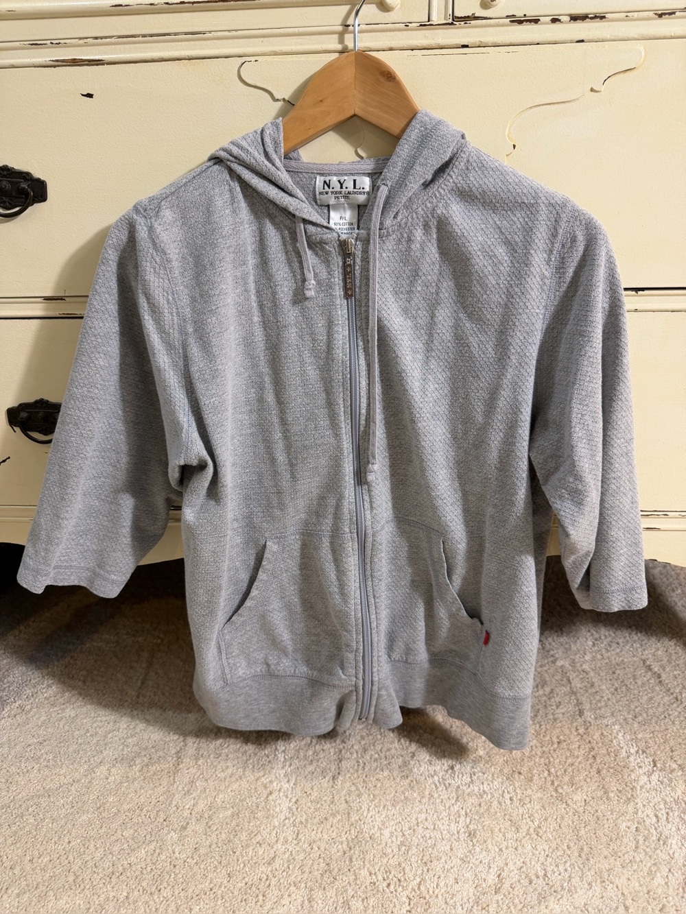 NYL Thin Zip Up Gray Hoodie 3/4 Sleeves with Front Pockets Size Large Petite